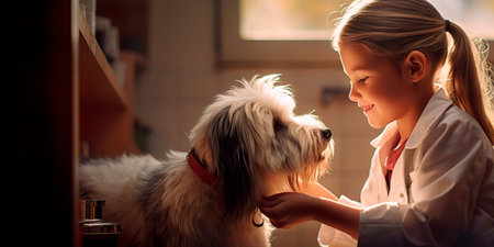 hild happily assisting a veterinarian, interacting with animals and showing a love for pets.の素材