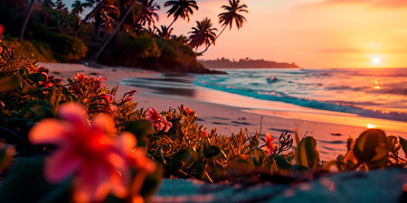 Background with a tropical setting, featuring palm trees, exotic flowers, and a sunset on the beach.の素材