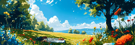 Picnic in the park. Sunny day in the park with a picnic blanket, flowers and blue sky.の素材