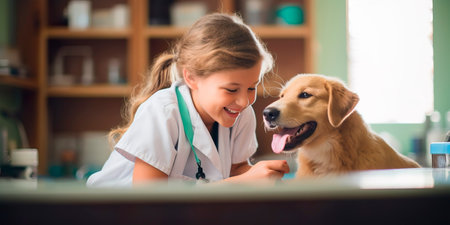 hild happily assisting a veterinarian, interacting with animals and showing a love for pets.の素材