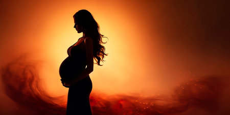 Silhouette of a pregnant woman on an evening backgroundの素材