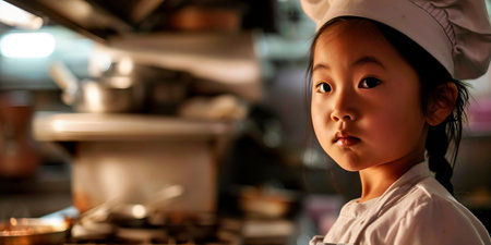 Children in professional kitchens, dressed as chefs, learning culinary arts.の素材