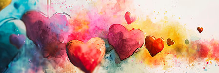 Watercolor hearts background filled with vibrant and mixed heart shapes.の素材