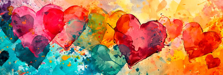 Watercolor hearts background filled with vibrant and mixed heart shapes.の素材