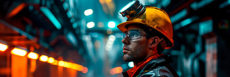 workers wearing hard hats and protective gear in construction and manufacturing.の素材