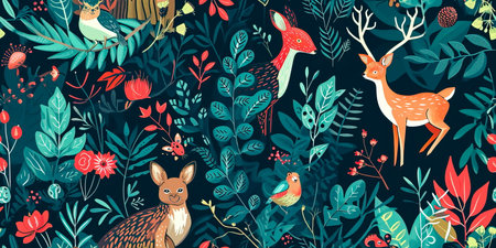 pattern with a woodland-inspired design, featuring forest animals and nature motifs.の素材