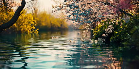 A serene spring pond reflecting spring flowers and foliage.の素材