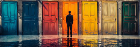 businessman in front of multiple doors of diverse colors as a symbol for different opportunities.の素材