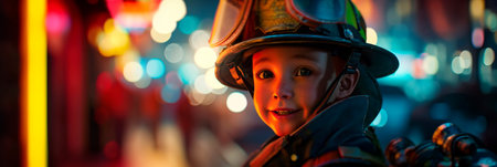 child smiling in fireman's helmetの素材