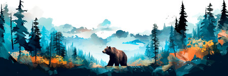 Watercolor fantastic forest landscape with a bearの素材