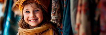 smiling child weaver surrounded by fabrics and accessories.の素材