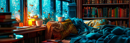 A cozy reading nook with books, blankets and mugs of hot drinks, perfect for book-loving couples.の素材