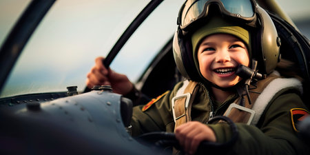 Child with a bright smile behind a pilot, perhaps sitting in a cockpit or holding a model airplane.の素材