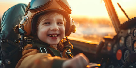 Child with a bright smile behind a pilot, perhaps sitting in a cockpit or holding a model airplane.の素材