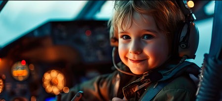 Child with a bright smile behind a pilot, perhaps sitting in a cockpit or holding a model airplane.の素材