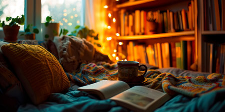 A cozy reading nook with books, blankets and mugs of hot drinks, perfect for book-loving couples.の素材