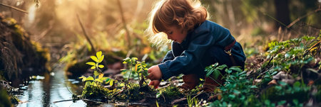 The child happily helps the ecologist and plants trees.の素材