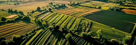 aerial view of vast fields with intricate crop patterns, illustrating the scale and precision of spring planting.の素材