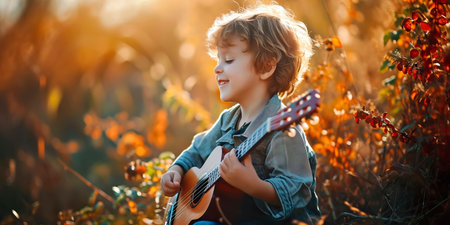 child smiling with a guitar in his hands, playing the guitarの素材