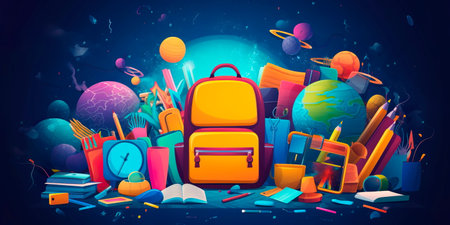 dynamic back to school background with a burst of colorful symbols representing different academic subjects.の素材