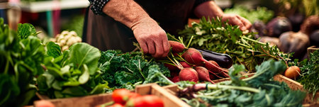 farmers preparing their fresh crops for a market, highlighting the connection between farmers and consumers.の素材