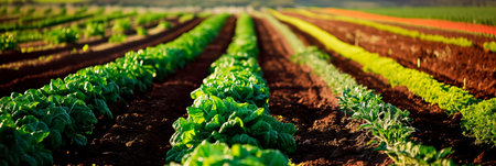 diverse range of crops planted in rows, showing the variety that farmers cultivate during the spring season.の素材