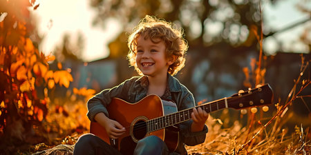 child smiling with a guitar in his hands, playing the guitarの素材
