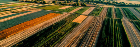aerial view of vast fields with intricate crop patterns, illustrating the scale and precision of spring planting.の素材
