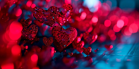 glitter background with hearts of different sizes and bright colors.の素材