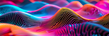neon lines in a wave-like formation, creating a sense of fluidity and movement in a three-dimensional space.の素材