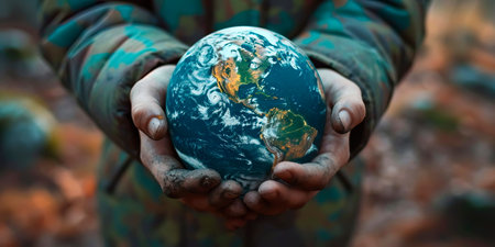 caring hands cradling the Earth, symbolizing human responsibility and commitment to nurturing and protecting the planet.の素材