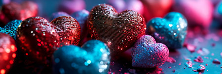 glitter background with hearts of different sizes and bright colors.の素材