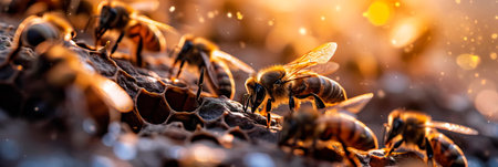 Bee foraging for nectar, the role of bees in pollination and environmental health.の素材