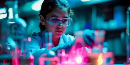 Children participate in scientific research, experiment with laboratory equipment.の素材