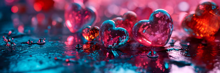 glitter background with hearts of different sizes and bright colors.の素材