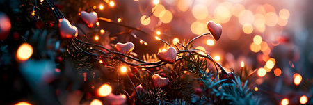 warm and inviting backdrop of soft glowing garlands intertwined with heart-shaped elements.の素材