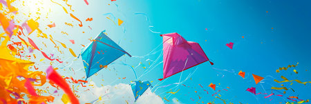 Festival of kites flying in the clear blue sky.の素材