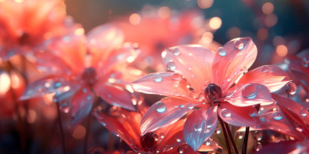Morning Dew on Petals. Delicate beauty of spring with dewdrops on flower petals in the early morning light.の素材
