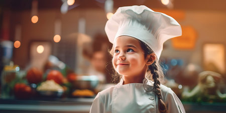Children in professional kitchens, dressed as chefs, learning culinary arts.の素材