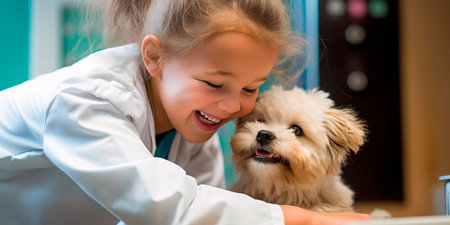hild happily assisting a veterinarian, interacting with animals and showing a love for pets.の素材