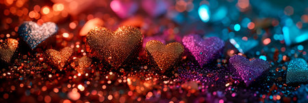 glitter background with hearts of different sizes and bright colors.の素材