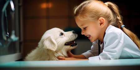 hild happily assisting a veterinarian, interacting with animals and showing a love for pets.の素材