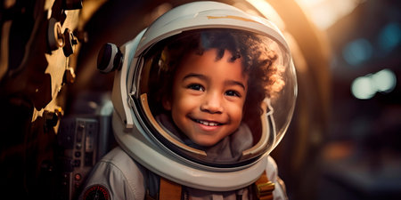 Child with a beaming smile in a spacesuit or a space lover dressed in a space-themed costume.の素材