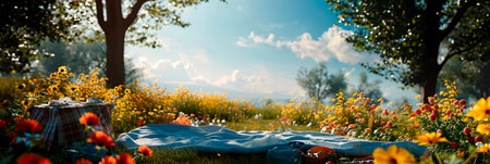 Picnic in the park. Sunny day in the park with a picnic blanket, flowers and blue sky.の素材