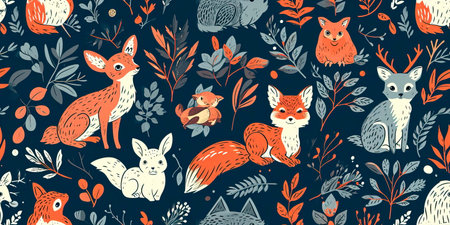 pattern with a woodland-inspired design, featuring forest animals and nature motifs.の素材