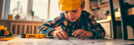 Child smiling while assisting an architect, perhaps holding .の素材