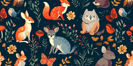 pattern with a woodland-inspired design, featuring forest animals and nature motifs.の素材