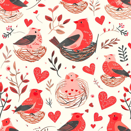 pattern of lovebirds and heart-shaped nests for a whimsical Valentine's Day-themed background.の素材