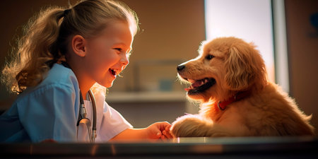hild happily assisting a veterinarian, interacting with animals and showing a love for pets.の素材