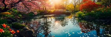 A serene spring pond reflecting spring flowers and foliage.の素材